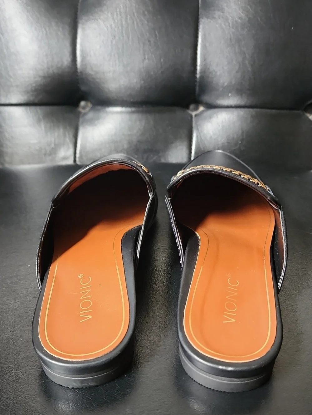 VIONIC Starling Black Leather Mules Slides Loafers Arch Support Chain Link 8.5 - Picture 5 of 12
